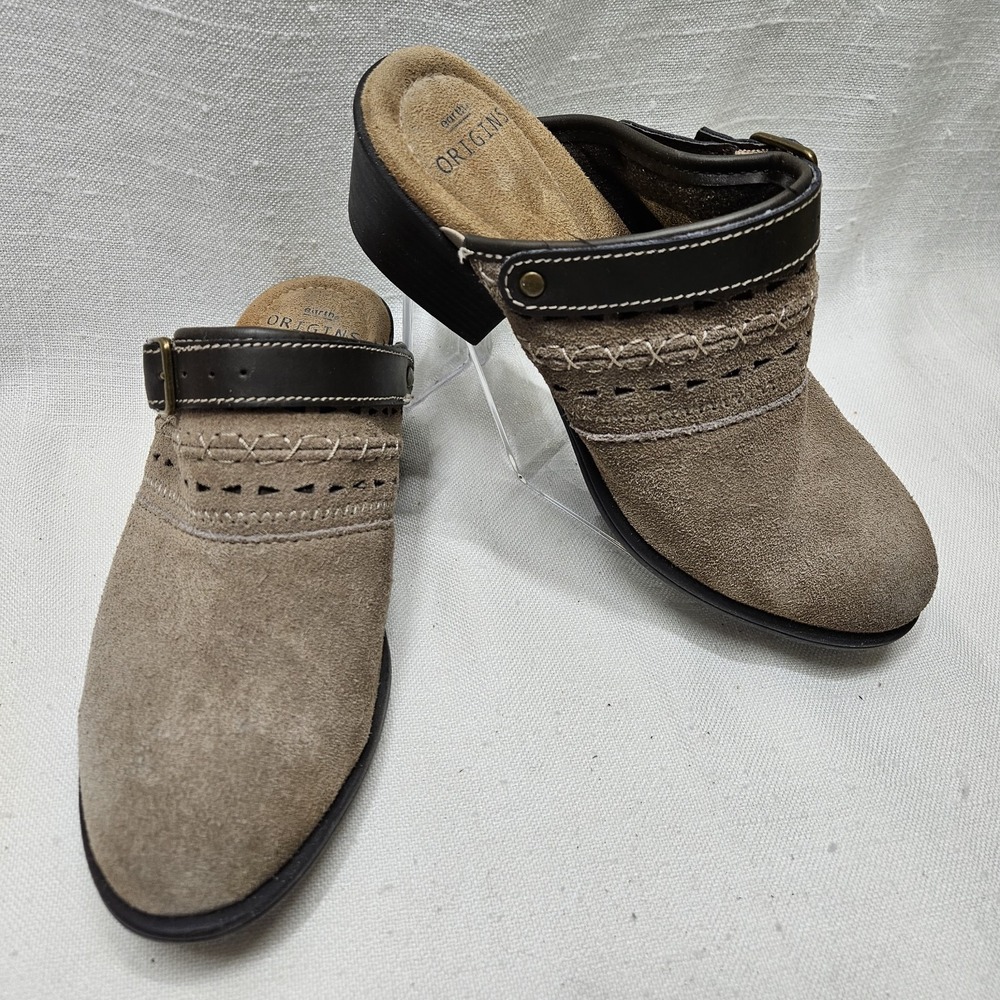 Earth Origins Clogs Sz 6.5 Brown Suede Mules Slip On Boho‎ Western Comfort Shoe